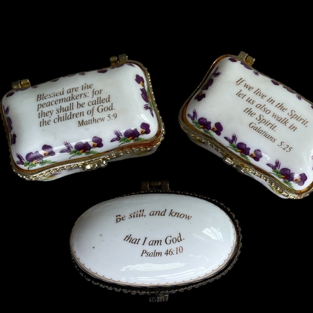 Set of 3 Imperial Porcelain Trinket Boxes with Bible Verse like new See photos